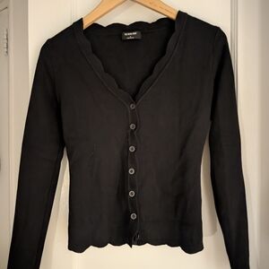 Navy Button-Up Cardigan With Scallop Details